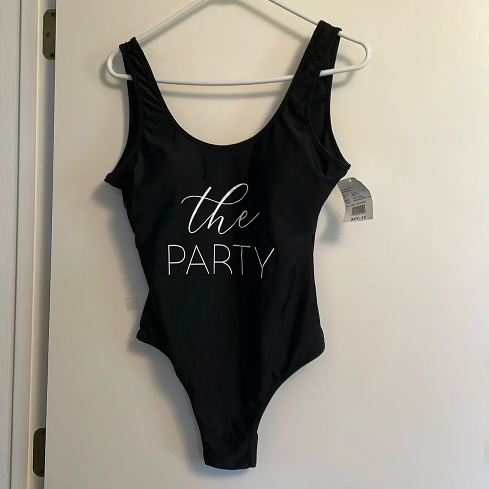 NWT, XL black women’s swimsuit. One piece. Bathsuit.“The Party” on front.
